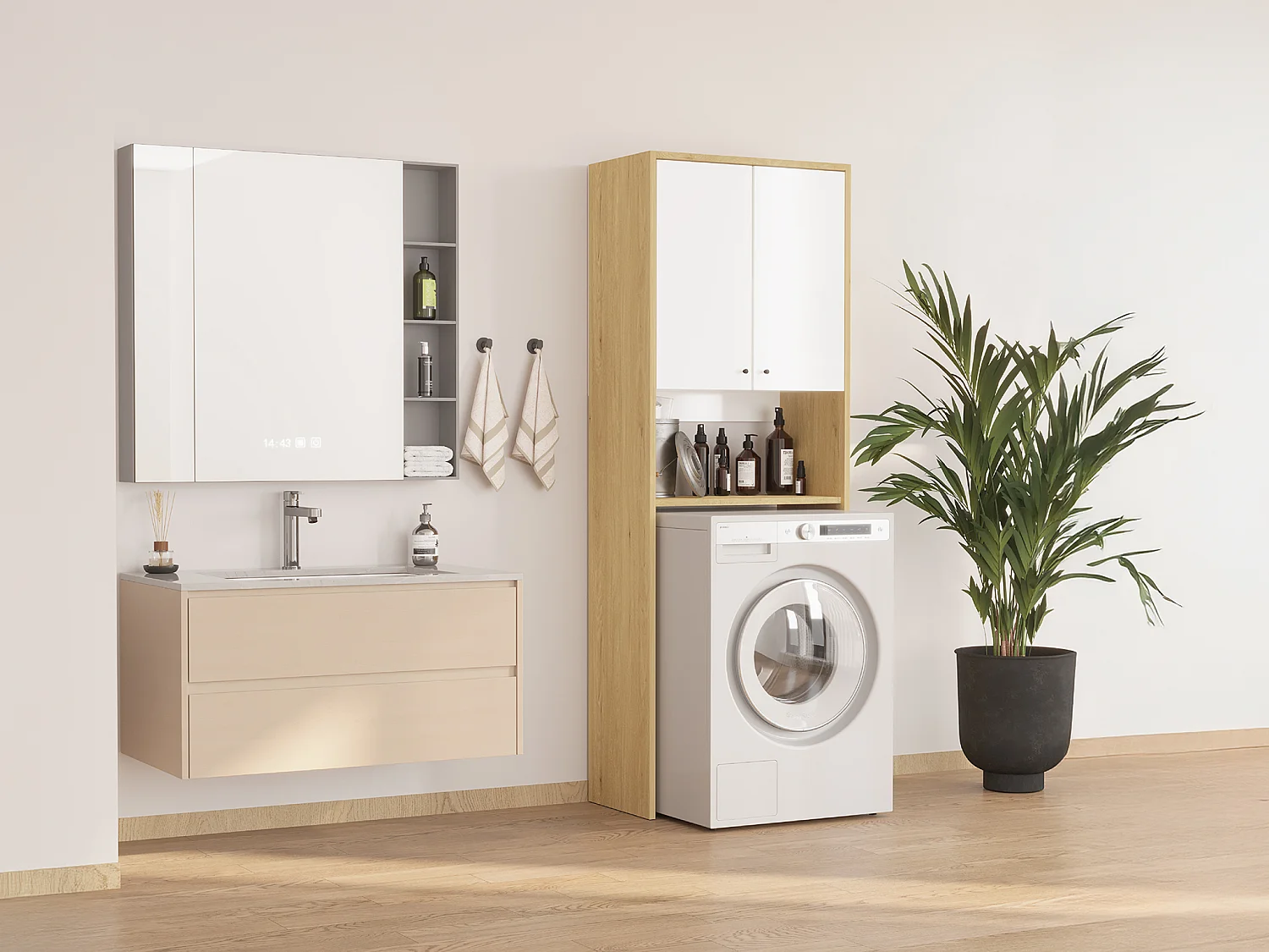 Armadio per lavatrice con doppia anta L65 x H180 cm Bianco e naturale chiaro  - WORIKA