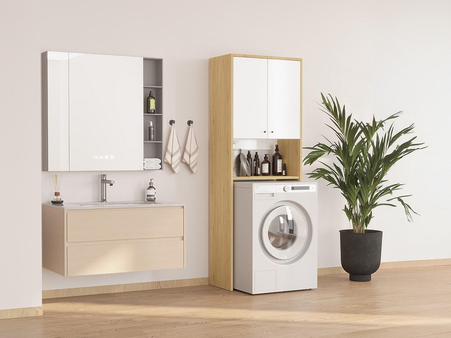 Vente-unique Möbel Für Waschmaschine Mit Doppeltür - 65 X 180 Cm - Weiß & Holzfarben Hell - Worika