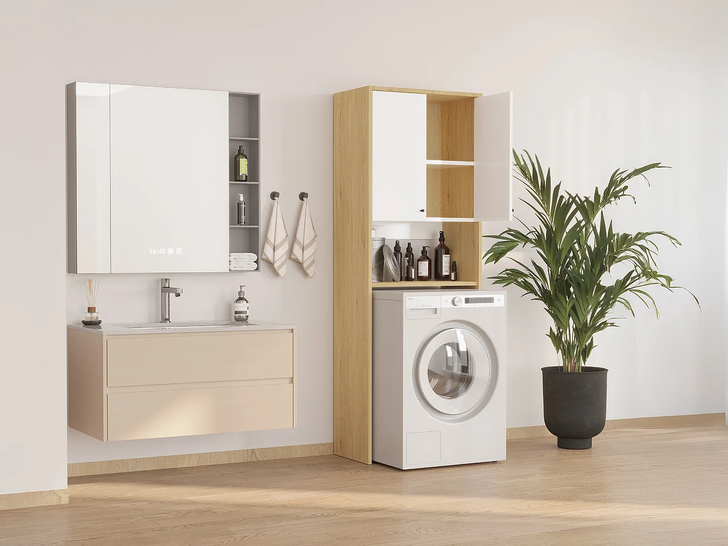 Armadio per lavatrice con doppia anta L65 x H180 cm Bianco e naturale chiaro  - WORIKA