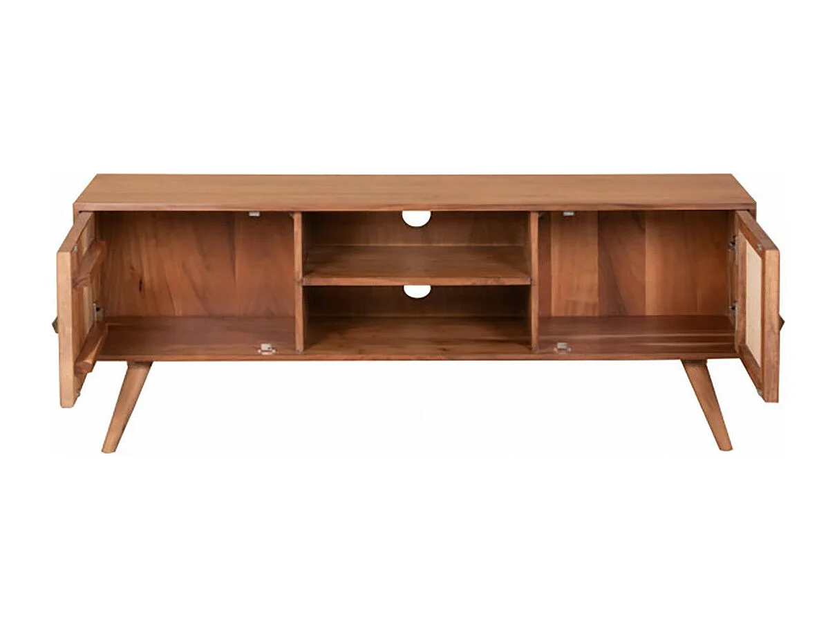 KESIAH - Meuble TV 2 portes 2 niches en acacia finition teinté teck avec plaquage cannage