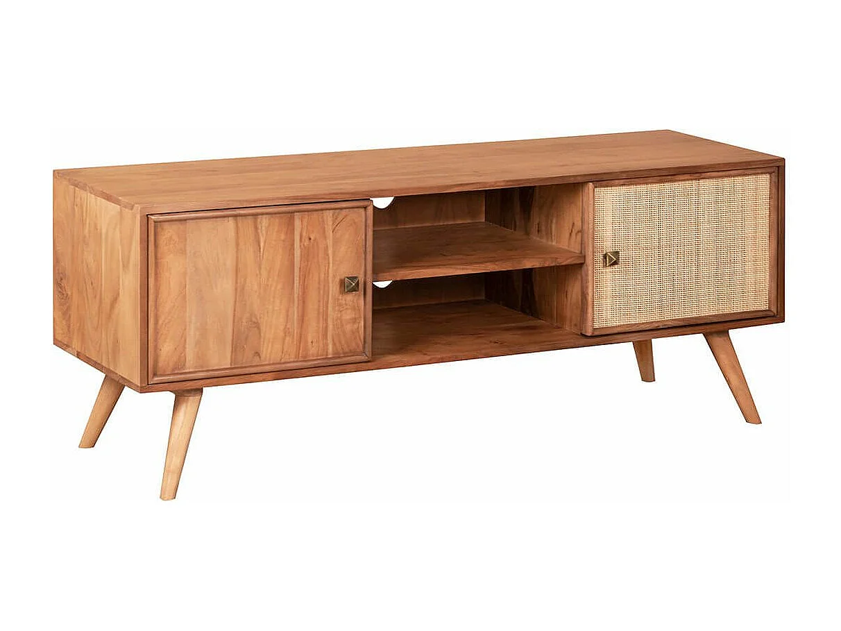 KESIAH - Meuble TV 2 portes 2 niches en acacia finition teinté teck avec plaquage cannage