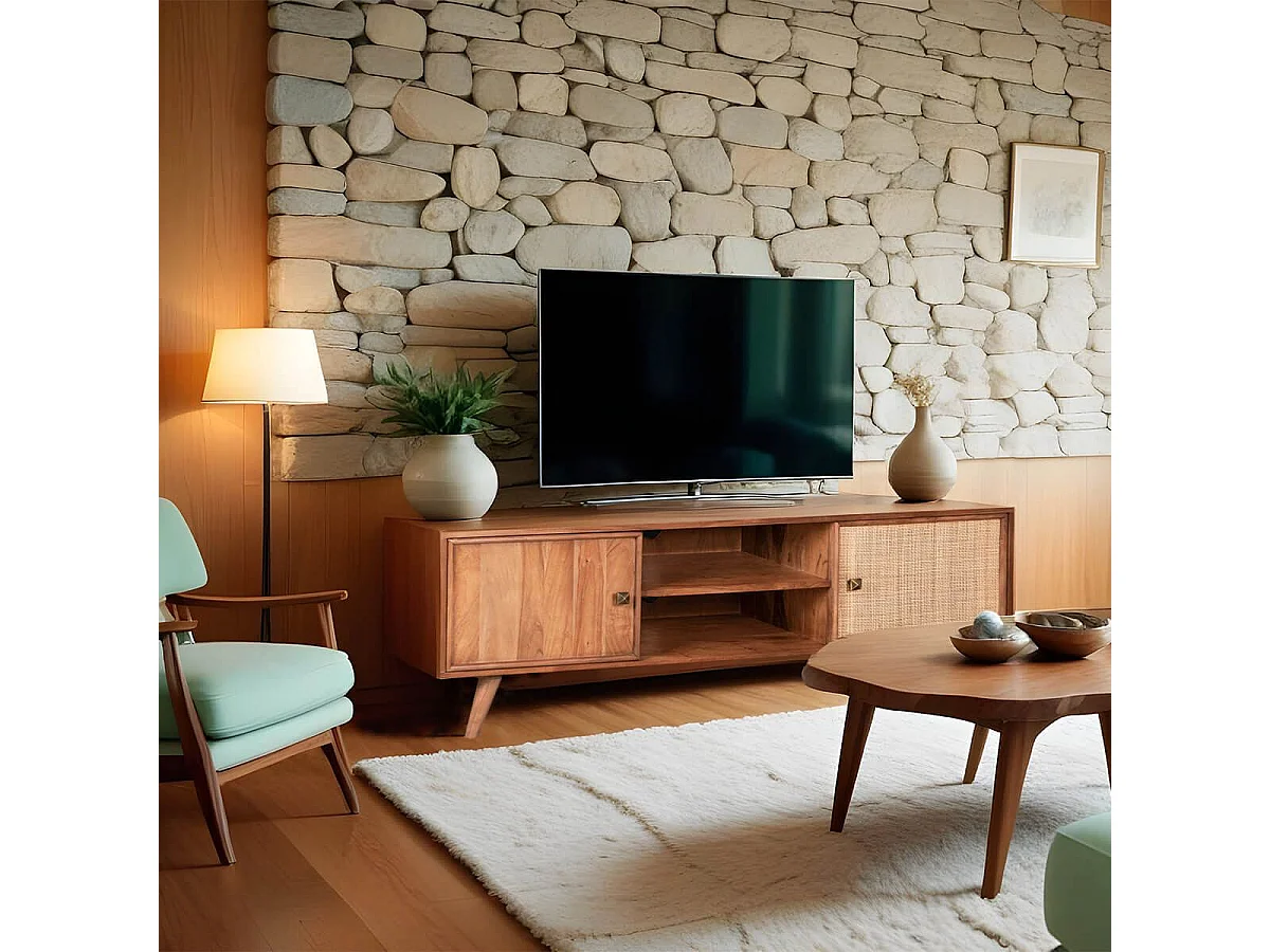 KESIAH - Meuble TV 2 portes 2 niches en acacia finition teinté teck avec plaquage cannage