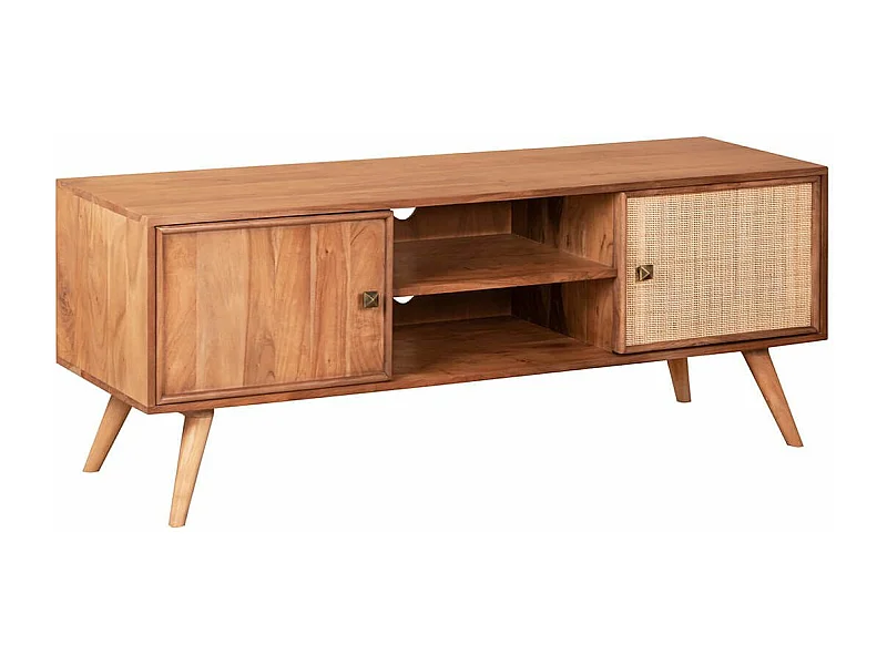 KESIAH - Meuble TV 2 portes 2 niches en acacia finition teinté teck avec plaquage cannage