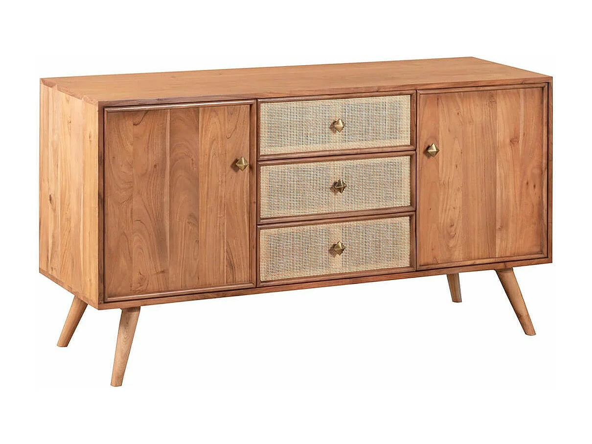 KESIAH - Buffet 2 portes 3 tiroirs en acacia finition teinté teck avec plaquage cannage