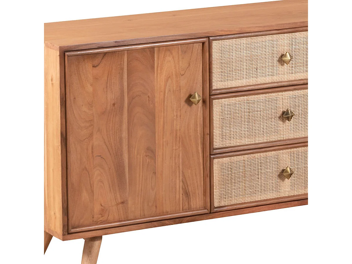 KESIAH - Buffet 2 portes 3 tiroirs en acacia finition teinté teck avec plaquage cannage
