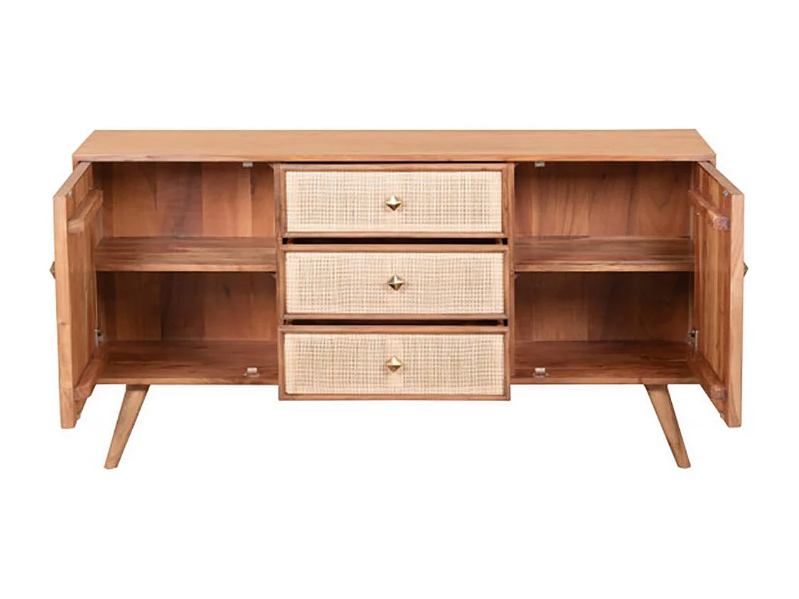 KESIAH - Buffet 2 portes 3 tiroirs en acacia finition teinté teck avec plaquage cannage