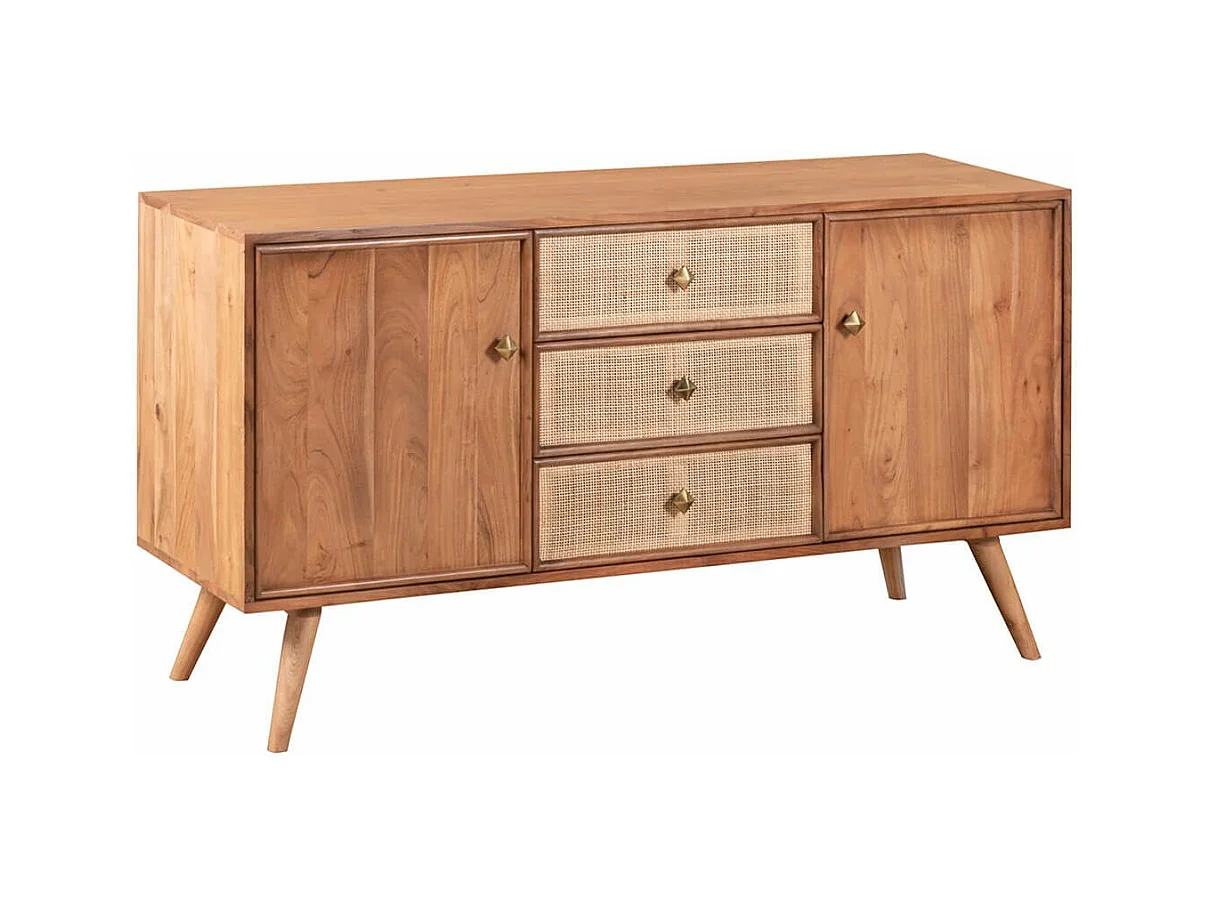 KESIAH - Buffet 2 portes 3 tiroirs en acacia finition teinté teck avec plaquage cannage