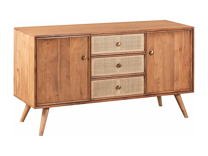 KESIAH - Buffet 2 portes 3 tiroirs en acacia finition teinté teck avec plaquage cannage
