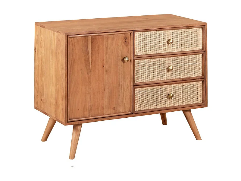 KESIAH - Meuble de rangement 1 porte 3 tiroirs en acacia finition teinté teck avec plaquage cannage