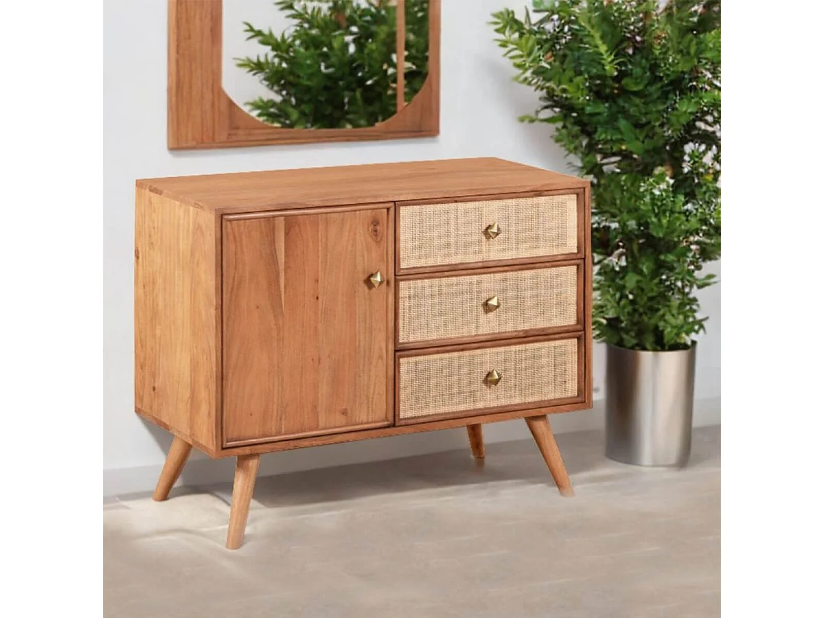 KESIAH - Meuble de rangement 1 porte 3 tiroirs en acacia finition teinté teck avec plaquage cannage
