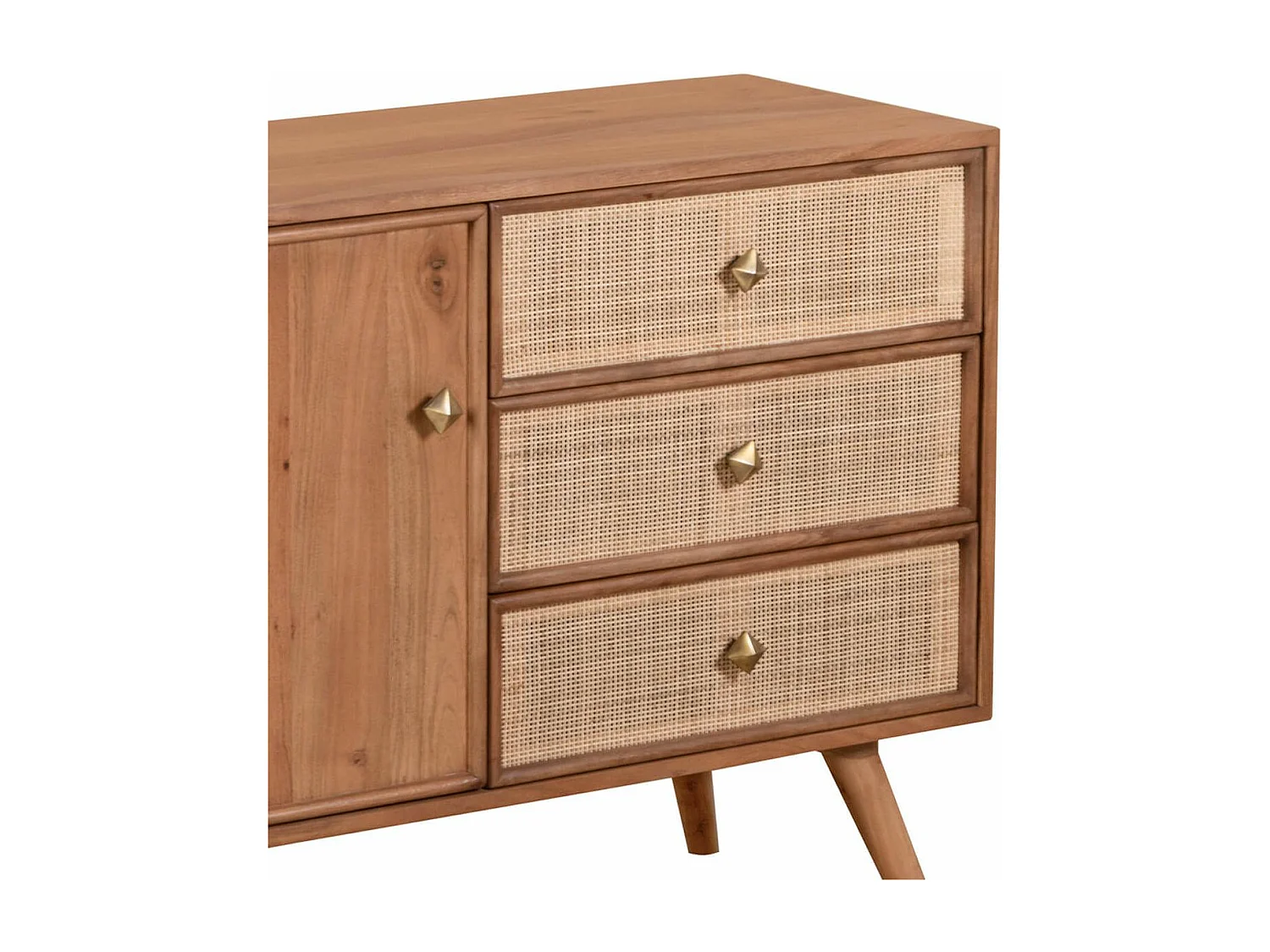 KESIAH - Meuble de rangement 1 porte 3 tiroirs en acacia finition teinté teck avec plaquage cannage