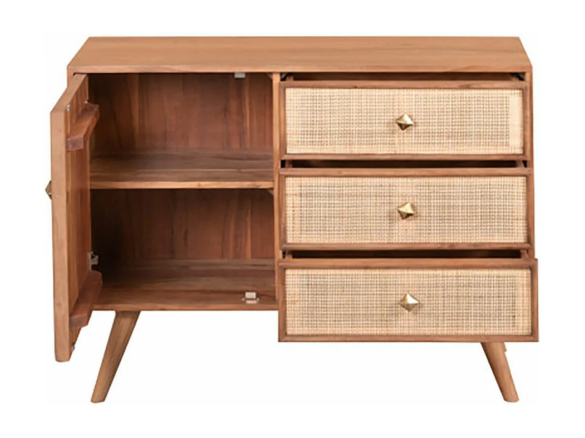 KESIAH - Meuble de rangement 1 porte 3 tiroirs en acacia finition teinté teck avec plaquage cannage