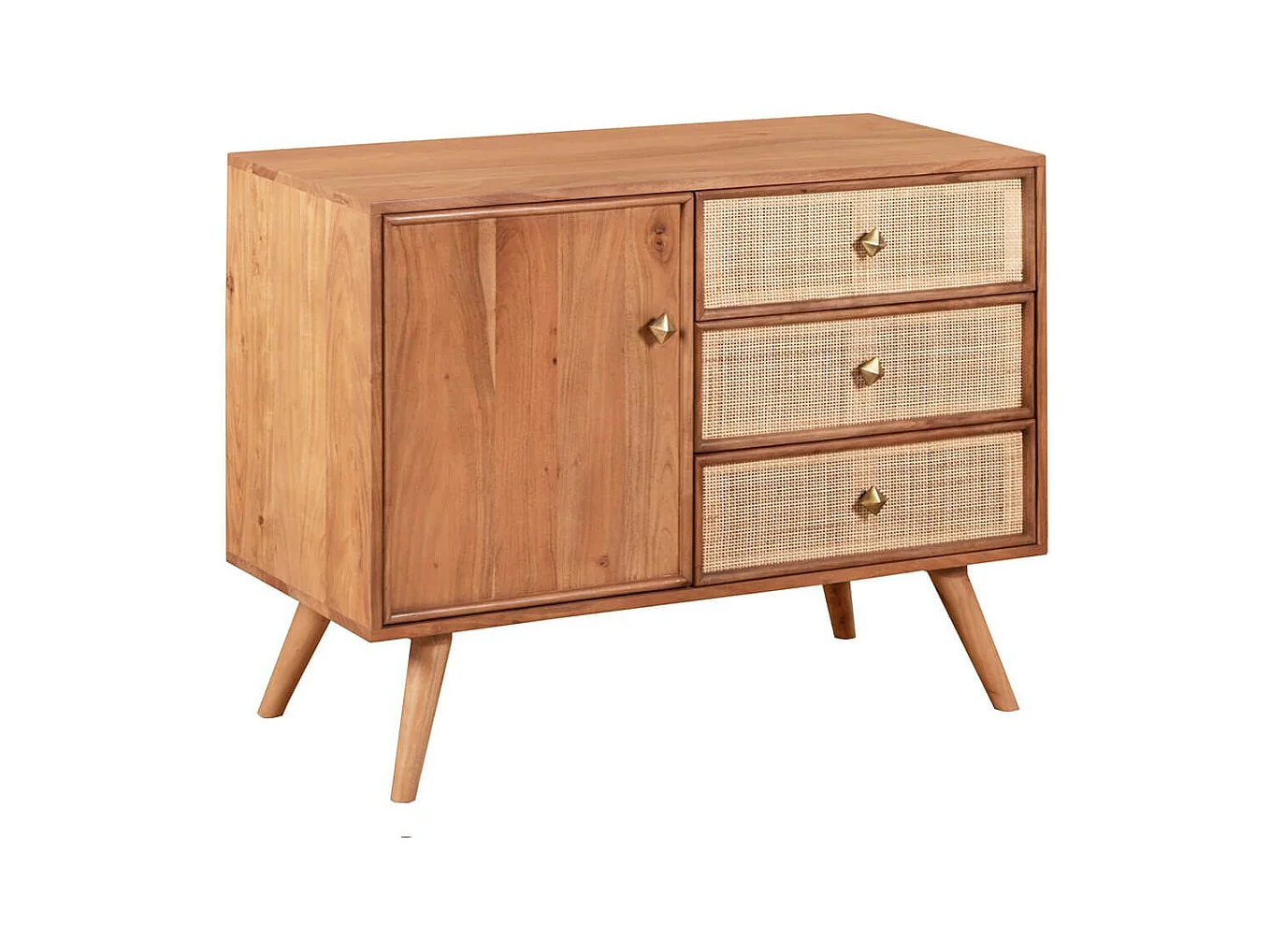 KESIAH - Meuble de rangement 1 porte 3 tiroirs en acacia finition teinté teck avec plaquage cannage
