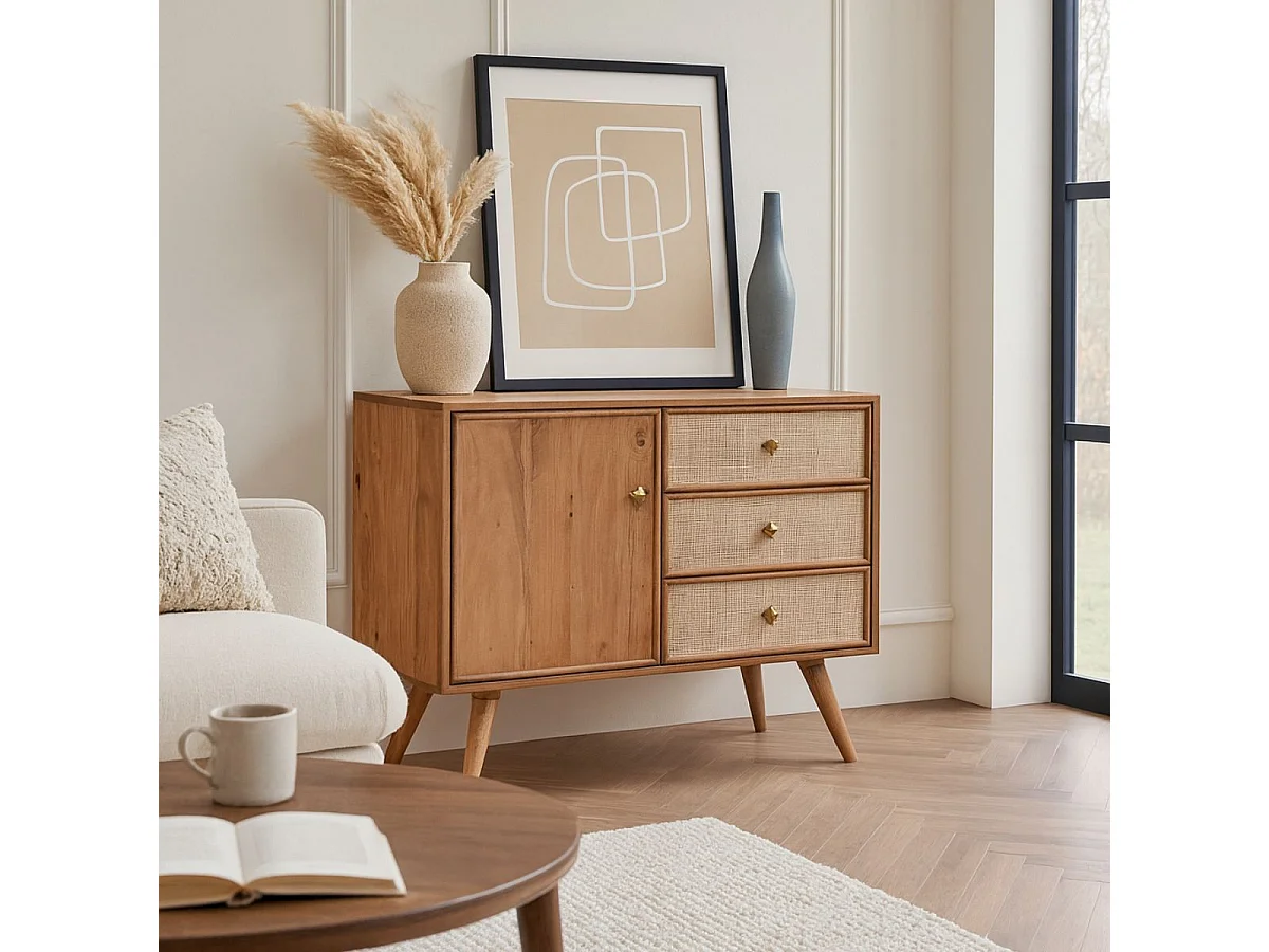 KESIAH - Meuble de rangement 1 porte 3 tiroirs en acacia finition teinté teck avec plaquage cannage