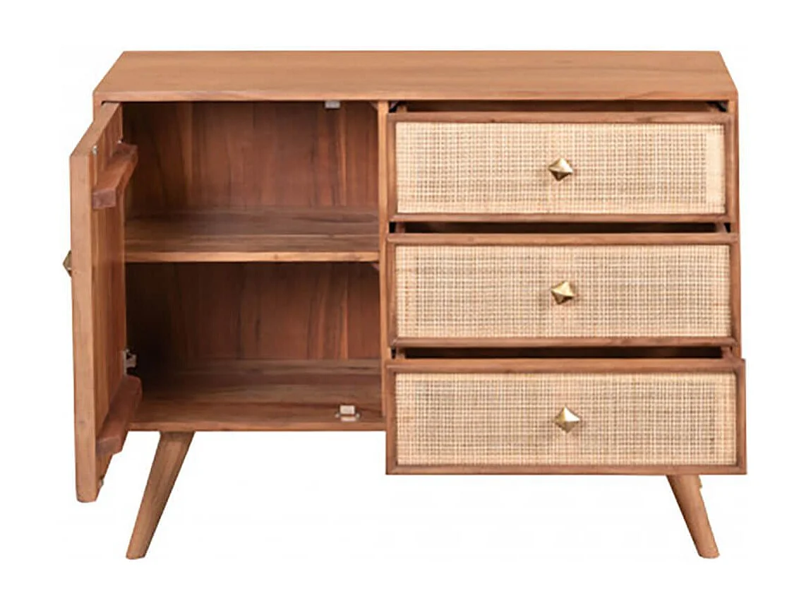 KESIAH - Meuble de rangement 1 porte 3 tiroirs en acacia finition teinté teck avec plaquage cannage
