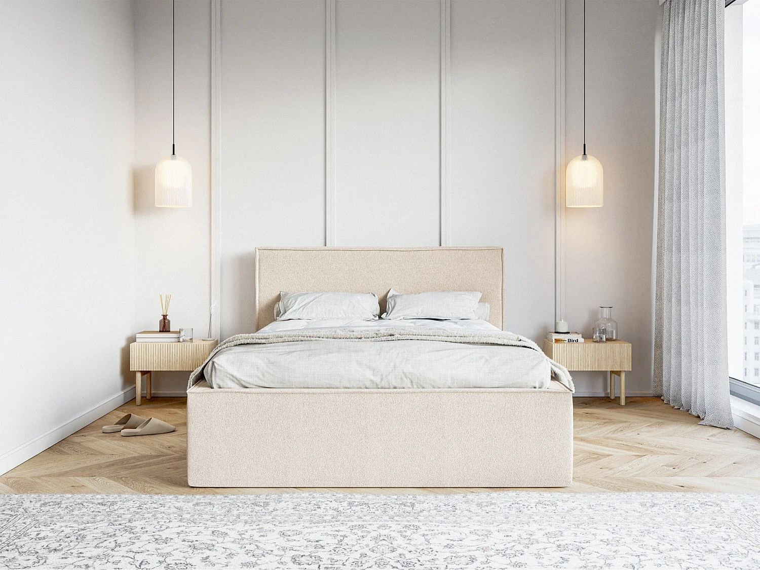 Tweepersoonsbed gestoffeerd - 180x200 cm - in lichtbeige chenillestof - LUCERA