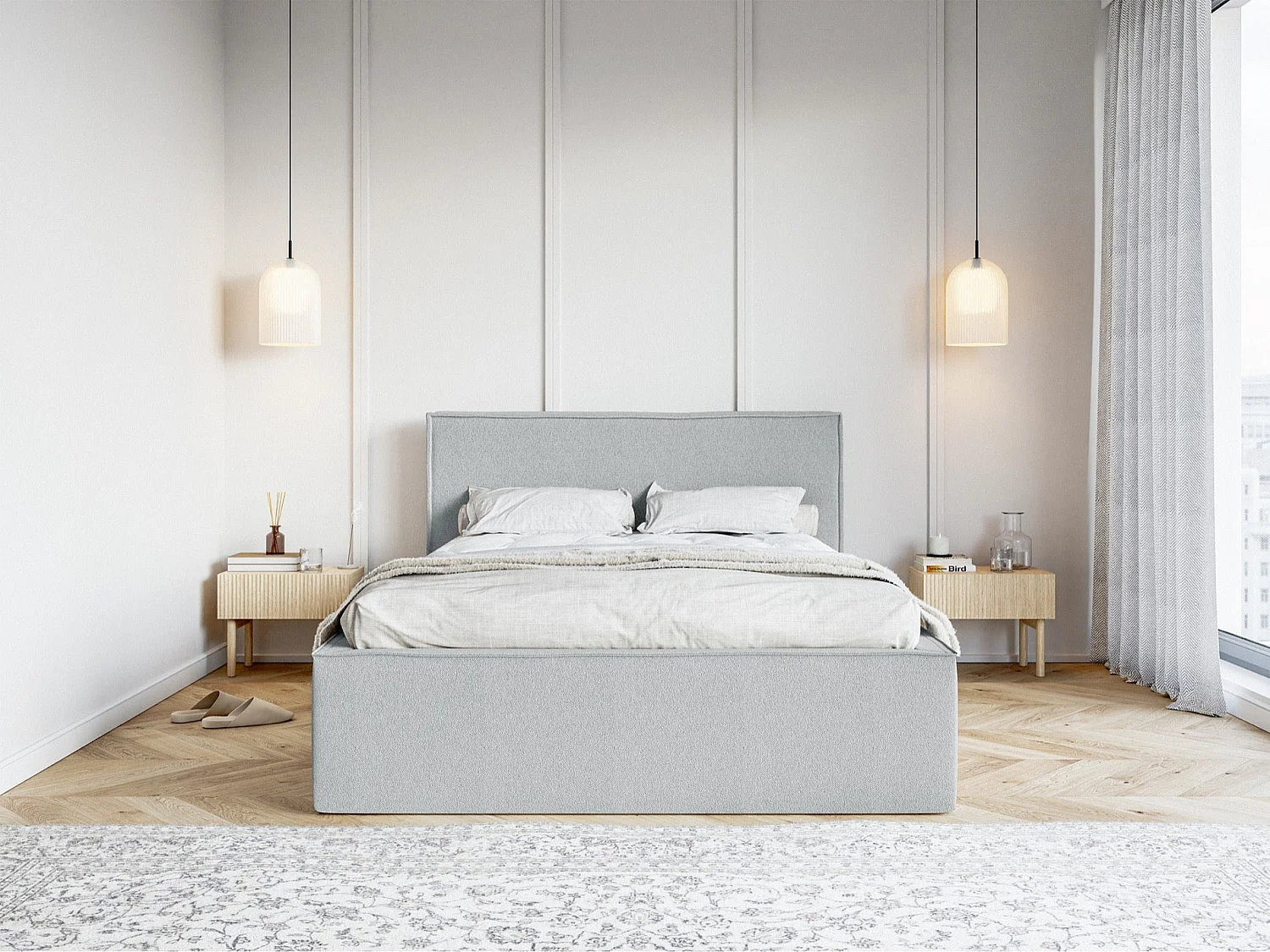 Tweepersoonsbed gestoffeerd - 180x200 cm - in grijze chenillestof - LUCERA