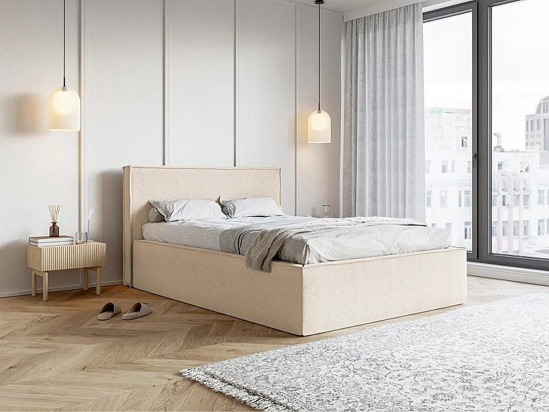 Polsterbett mit Chenille-Bezug und Stauraum - Hellbeige - 140x200 cm - LUCERA