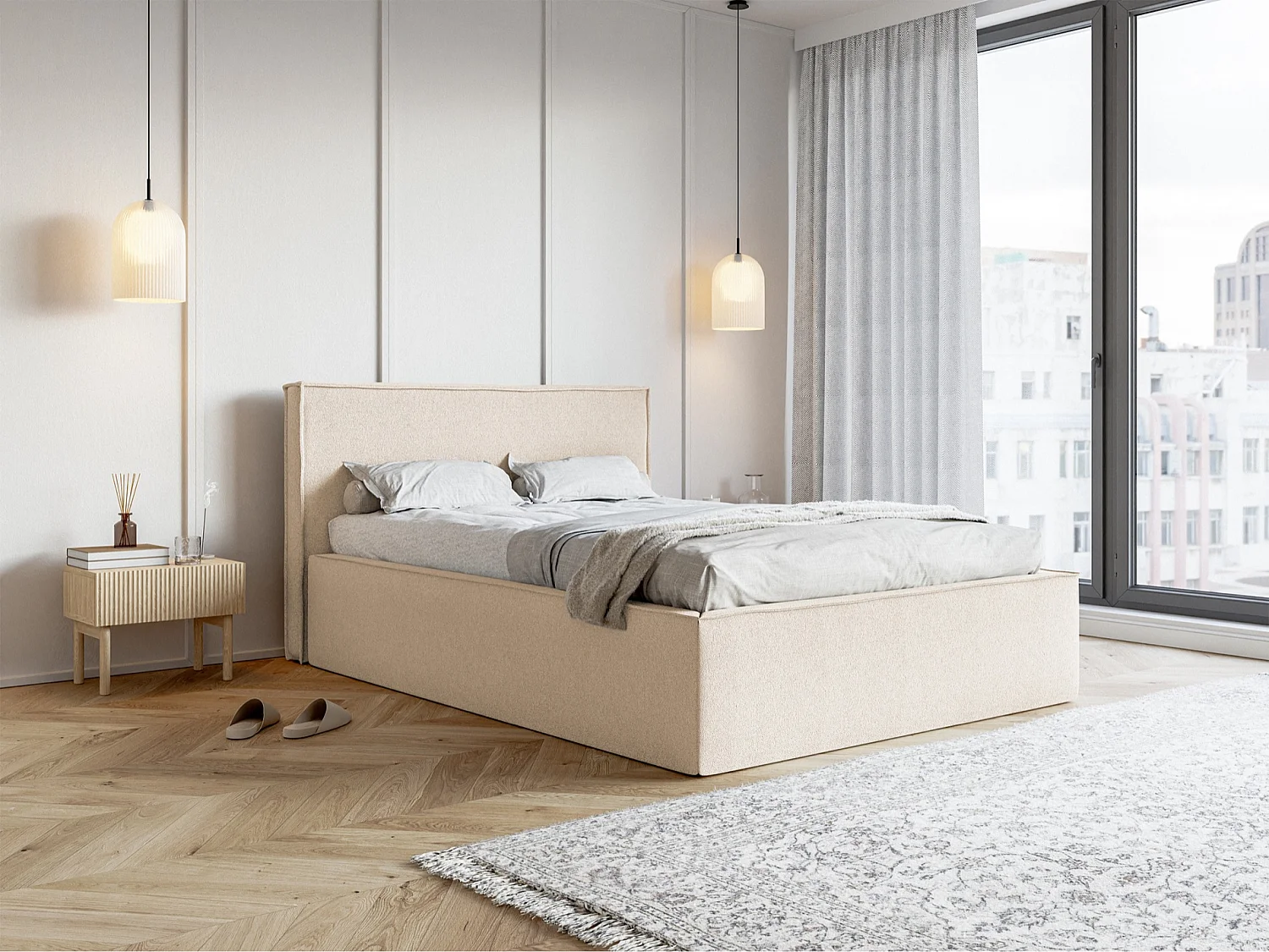 Lit capitonné double - 140x200 cm - en tissu chenille beige clair - LUCERA