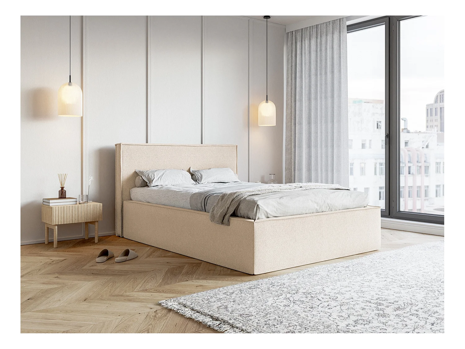 Tweepersoonsbed gestoffeerd - 160x200 cm - in lichtbeige chenillestof - LUCERA
