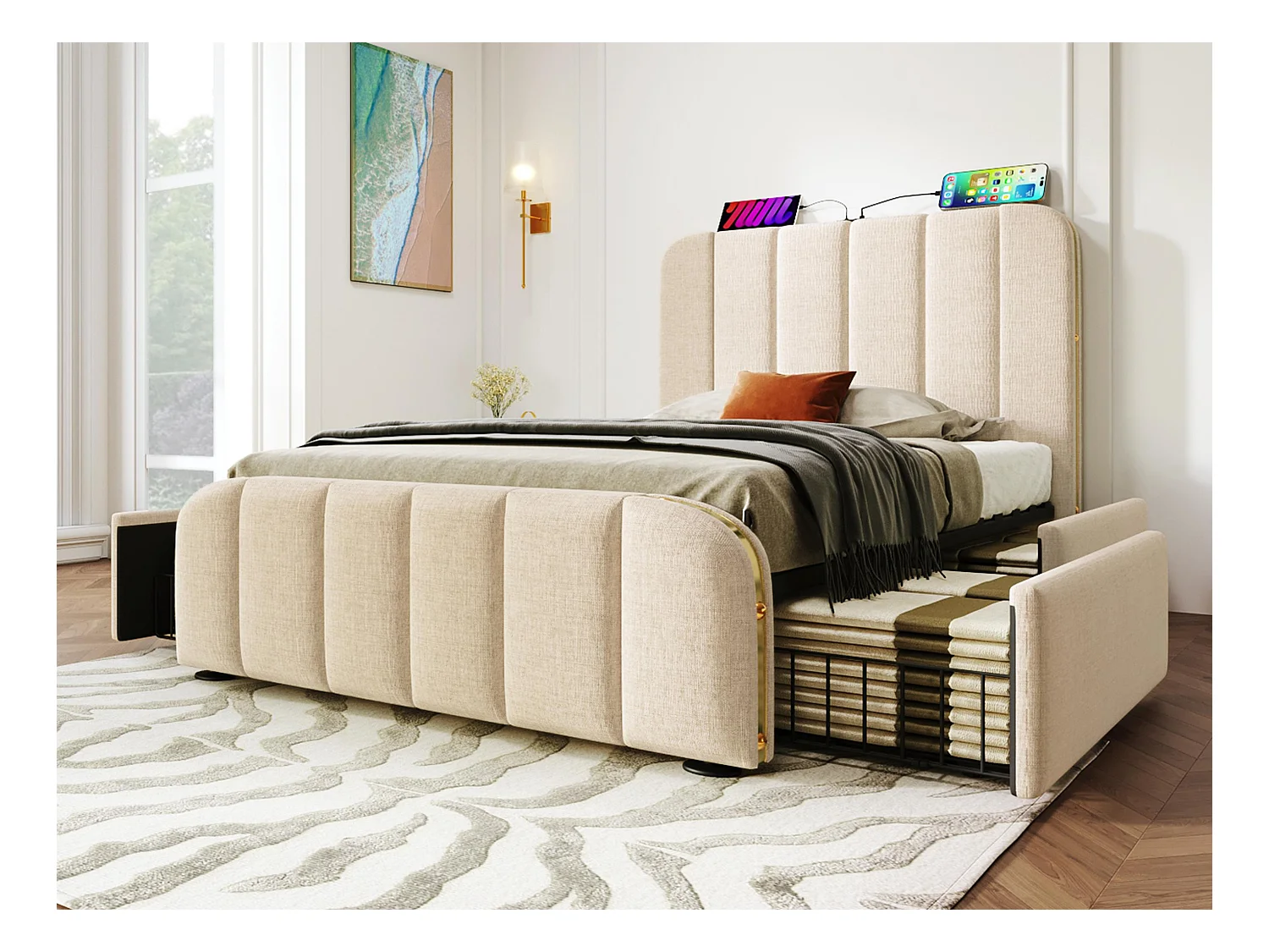 Lit avec tiroirs 90x200cm en tissu lin - avec recharge USB & Type-C - décoré de bandes dorées - Beige