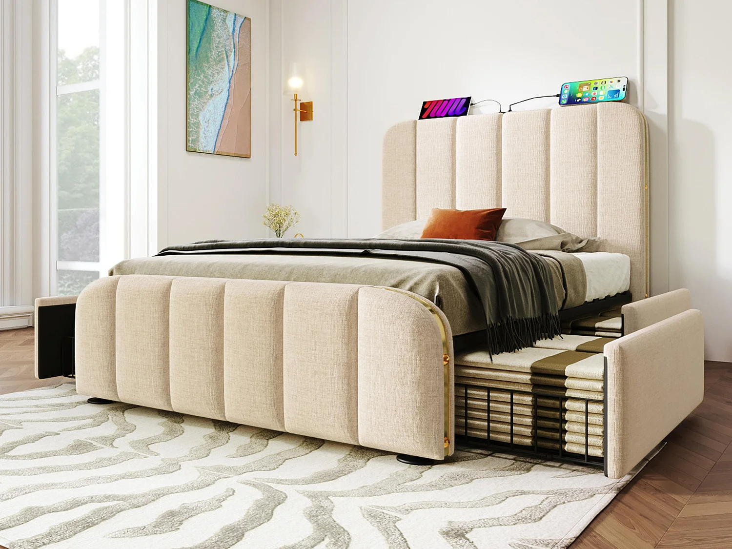 Bed met lades 90x200cm in linnenstof - met USB & Type-C opladen - versierd met gouden strepen - Beige