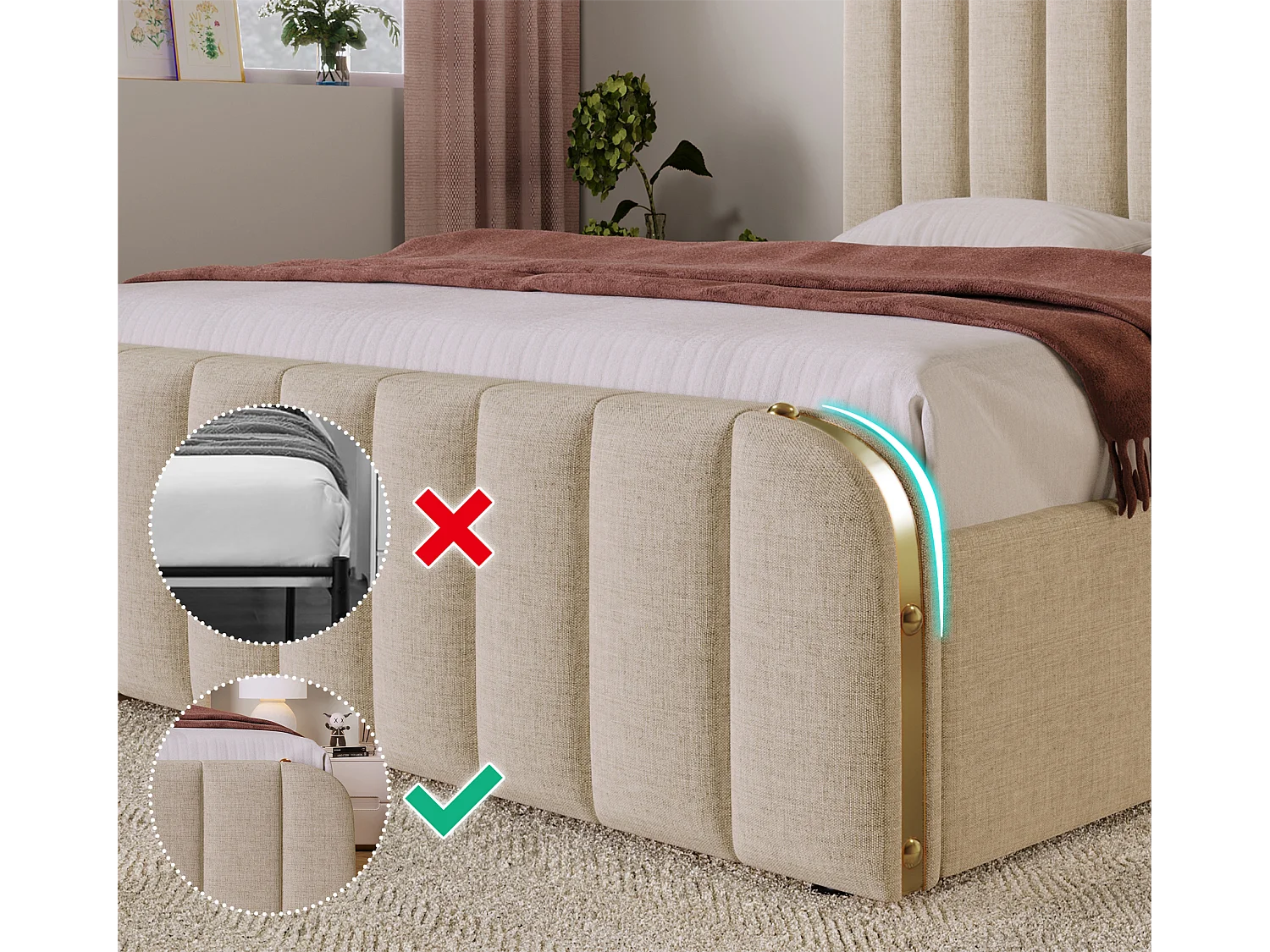 Lit avec tiroirs 90x200cm en tissu lin - avec recharge USB & Type-C - décoré de bandes dorées - Beige