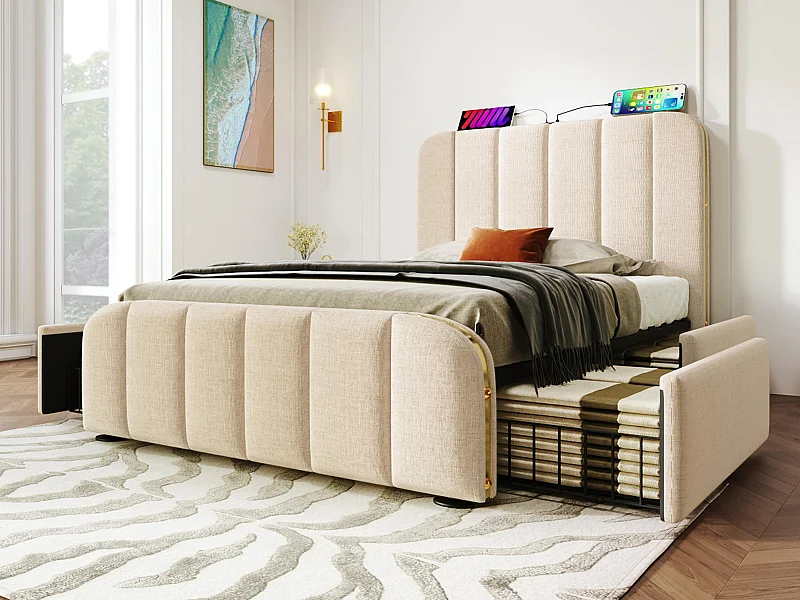 Bed met lades 90x200cm in linnenstof - met USB & Type-C opladen - versierd met gouden strepen - Beige