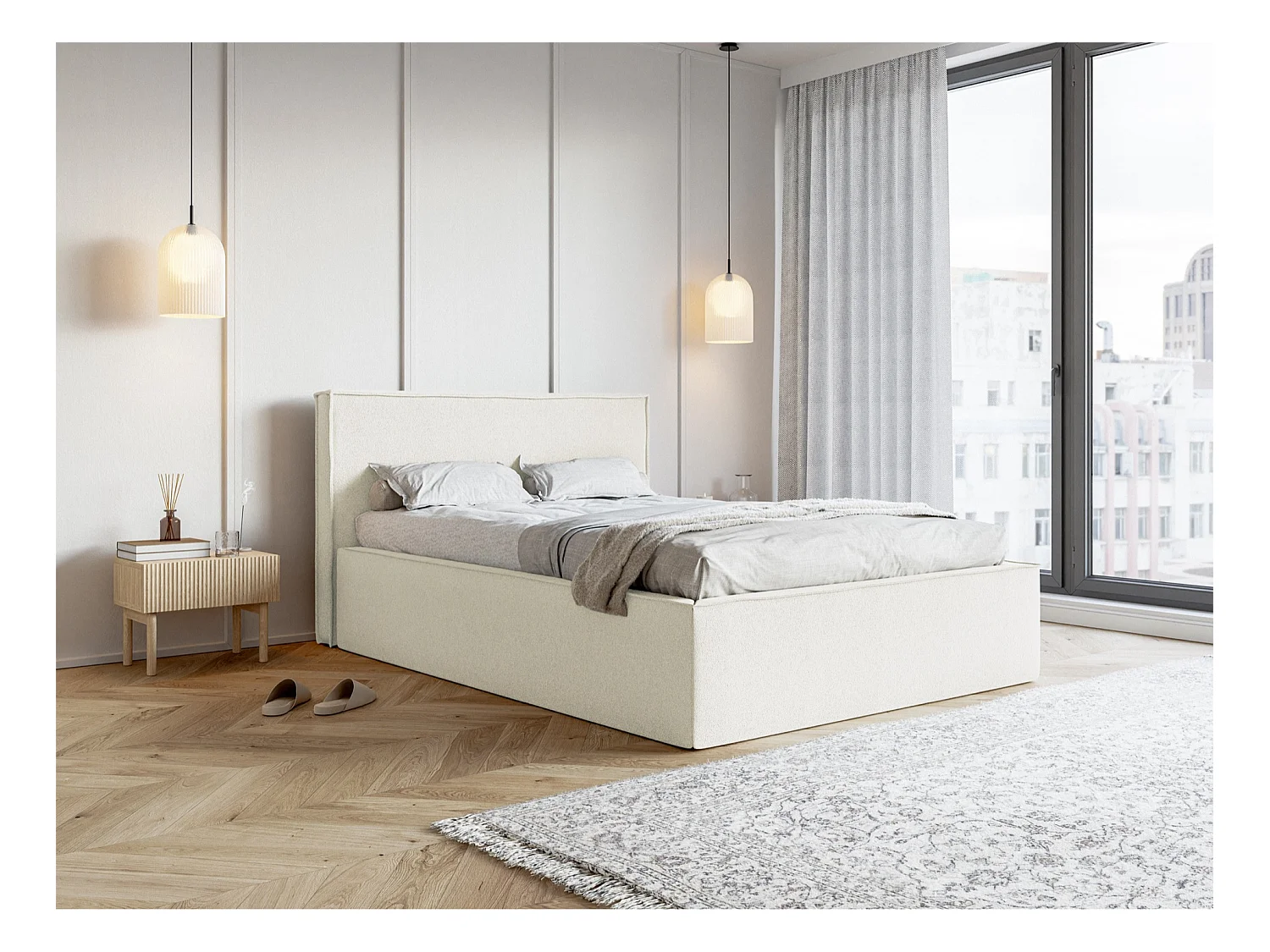Tweepersoonsbed gestoffeerd - 140x200 cm - in crèmekleurige chenillestof - LUCERA