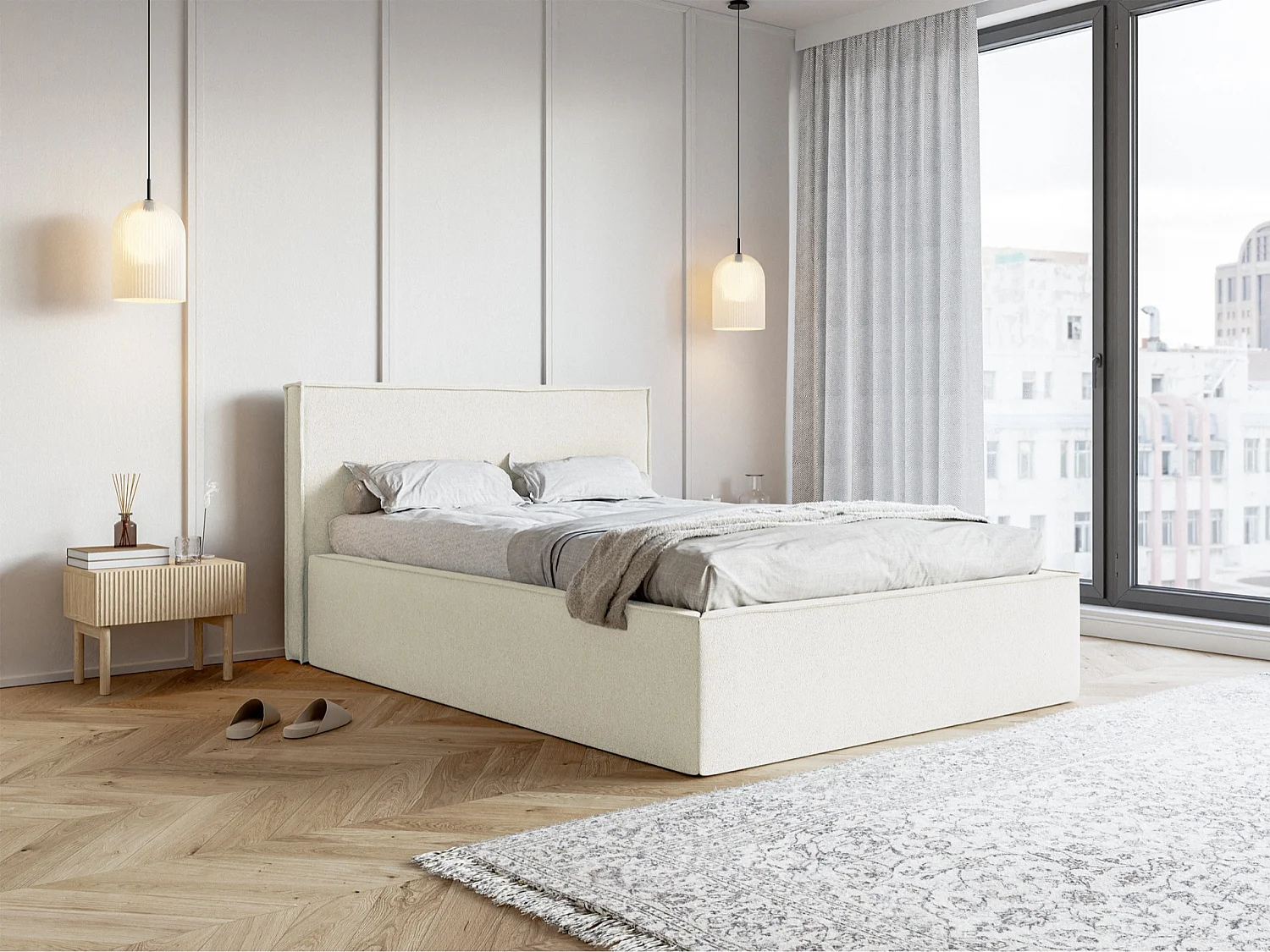 Lit capitonné double - 140x200 cm - en tissu chenille crème - LUCERA