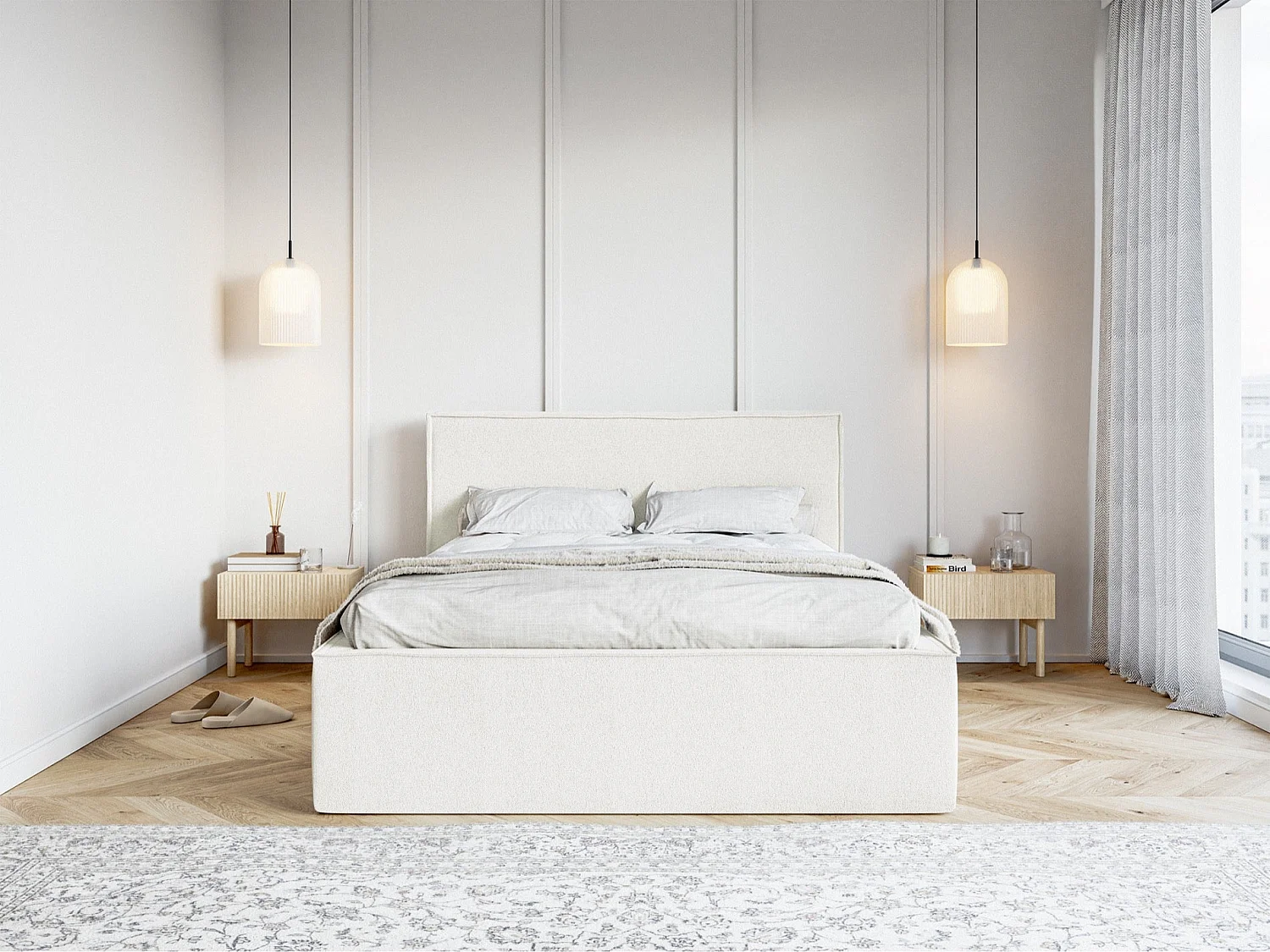 Tweepersoonsbed gestoffeerd - 180x200 cm - in crèmekleurige chenillestof - LUCERA