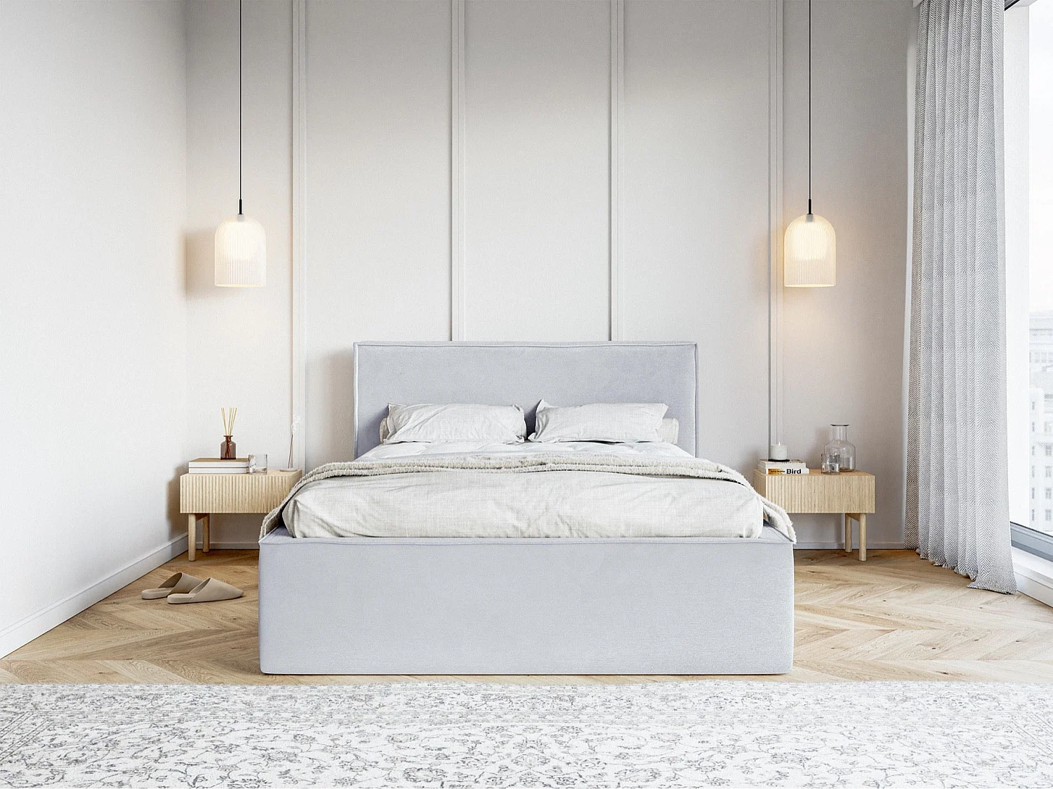 Tweepersoonsbed gestoffeerd - 180x200 cm - in lichtgrijs fluweel - LUCERA
