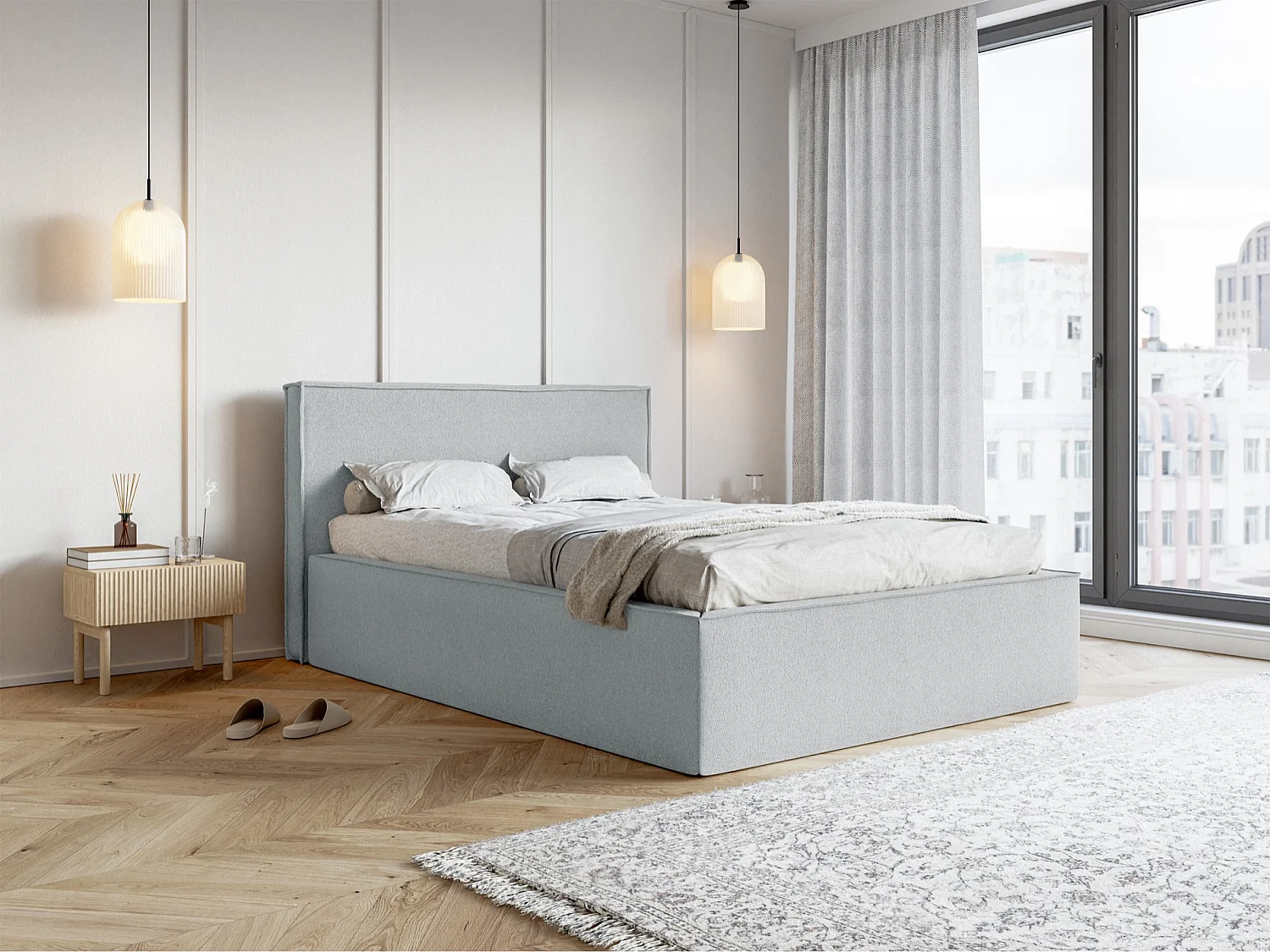 Lit capitonné double - 140x200 cm - en tissu chenille gris - LUCERA