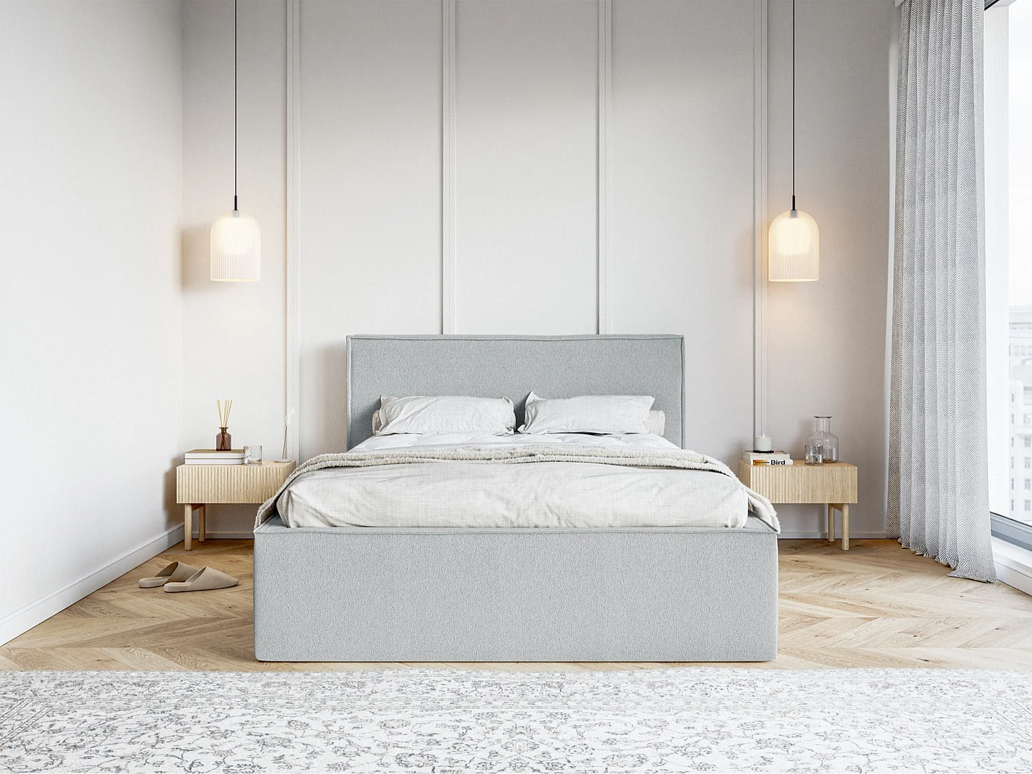 Lit capitonné double - 140x200 cm - en tissu chenille gris - LUCERA