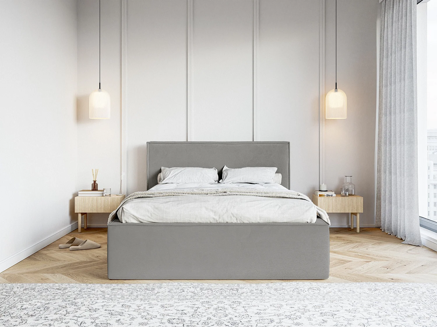 Lit capitonné double - 180x200 cm - en velours gris - LUCERA