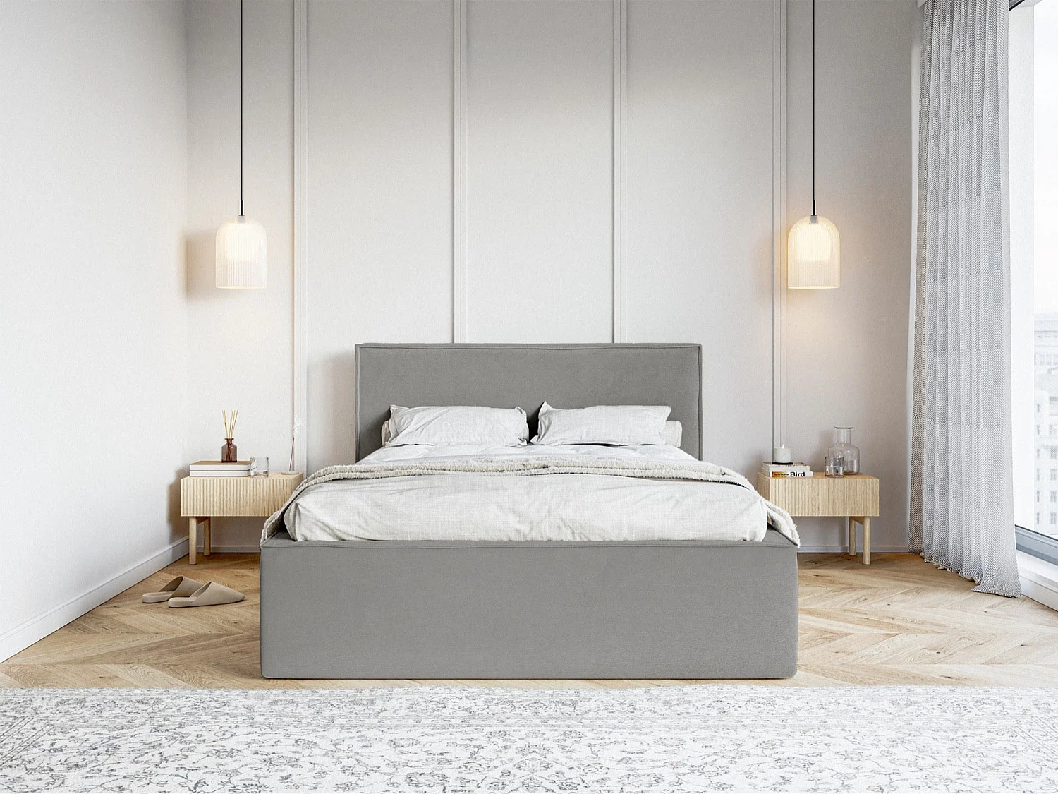 Tweepersoonsbed gestoffeerd - 180x200 cm - in grijs fluweel - LUCERA