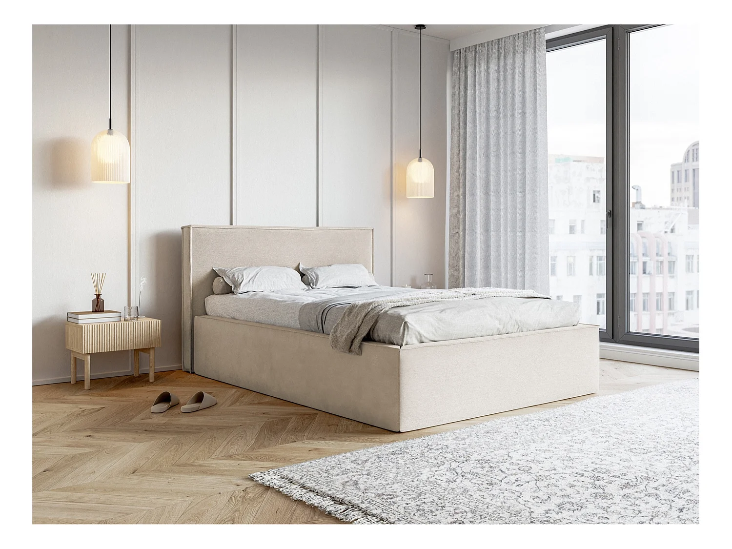 Tweepersoonsbed gestoffeerd - 140x200 cm - in greige fluweel - LUCERA
