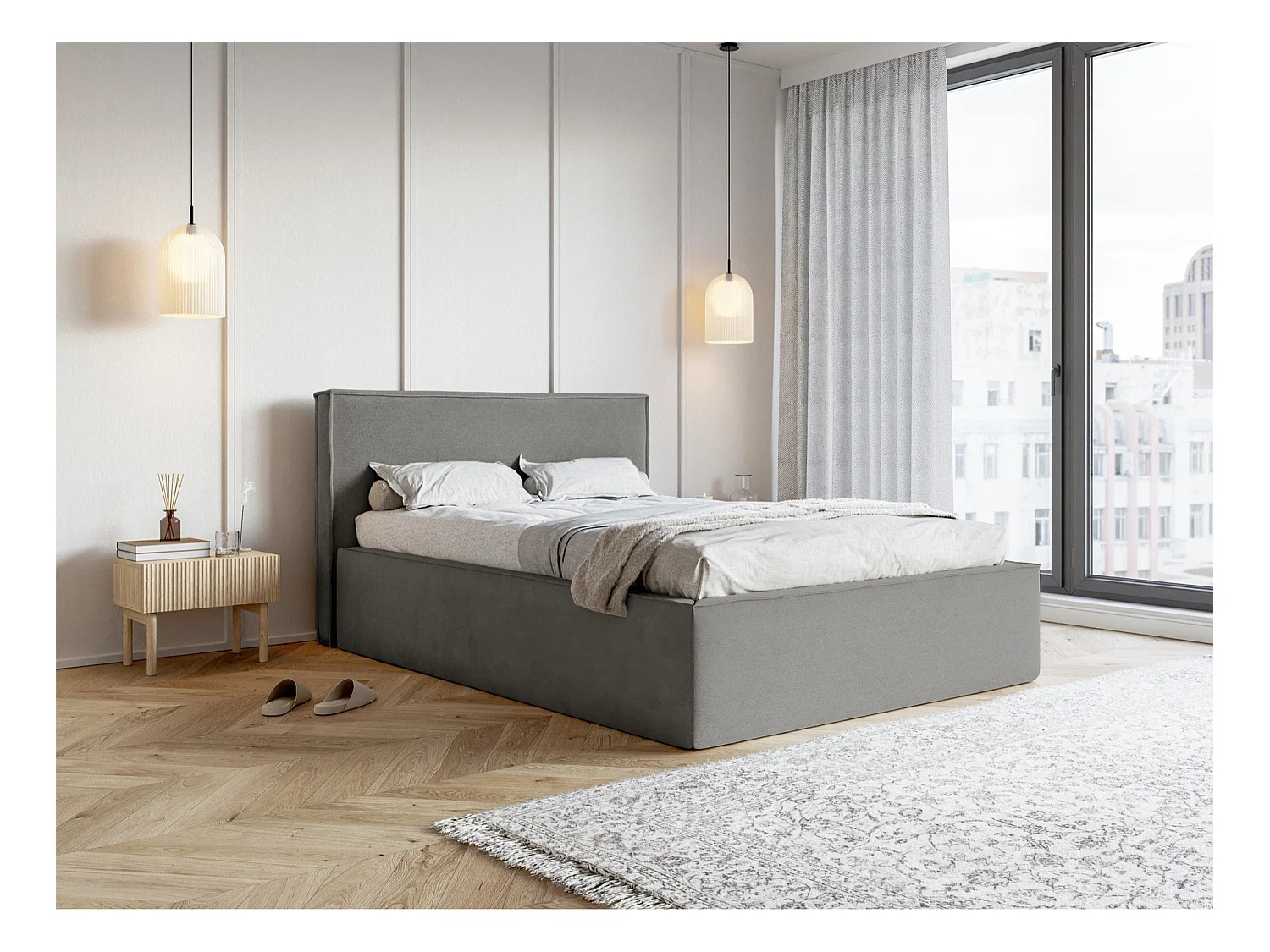 Tweepersoonsbed gestoffeerd - 160x200 cm - in grijs fluweel - LUCERA