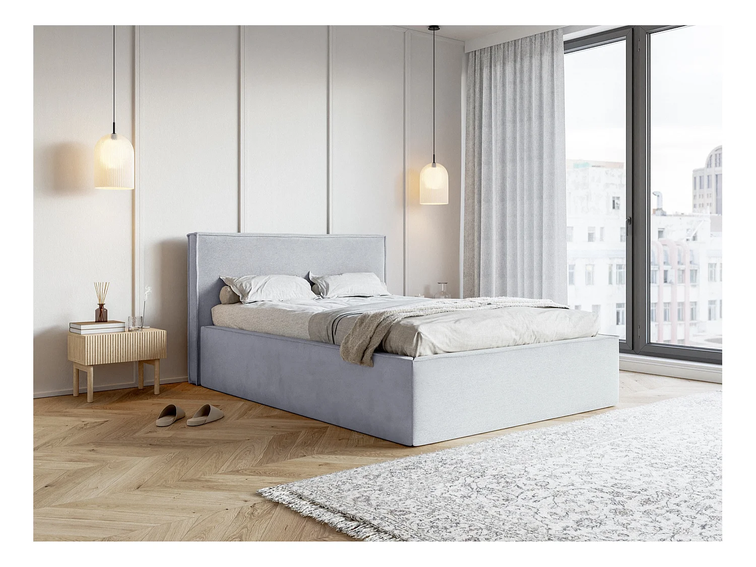 Lit capitonné double - 160x200 cm - en velours gris clair - LUCERA