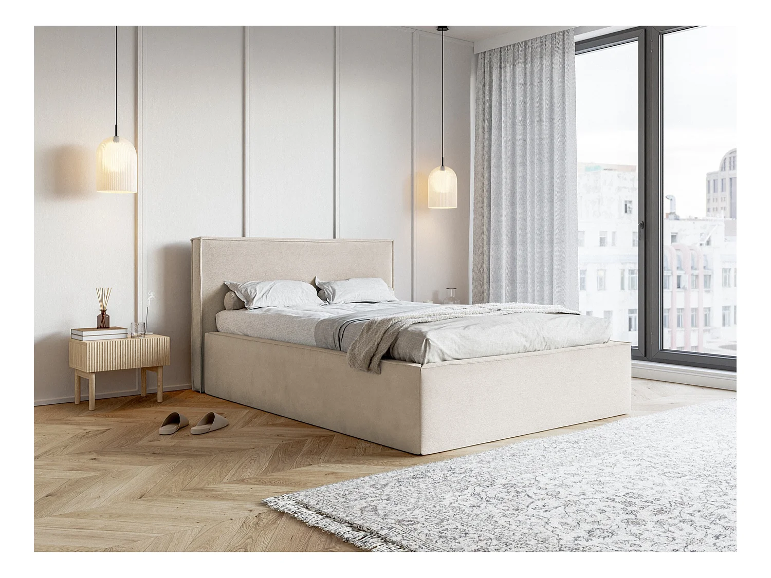 Tweepersoonsbed gestoffeerd - 160x200 cm - in greige fluweel - LUCERA