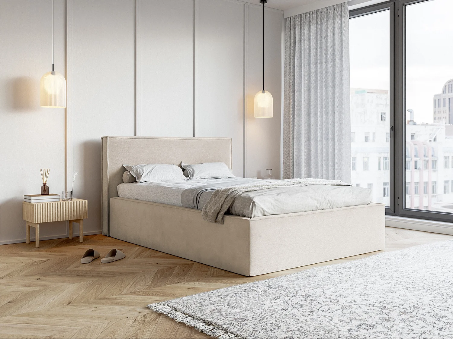 Polsterbett mit Samtbezug und Stauraum - Greige - 160x200 cm - LUCERA