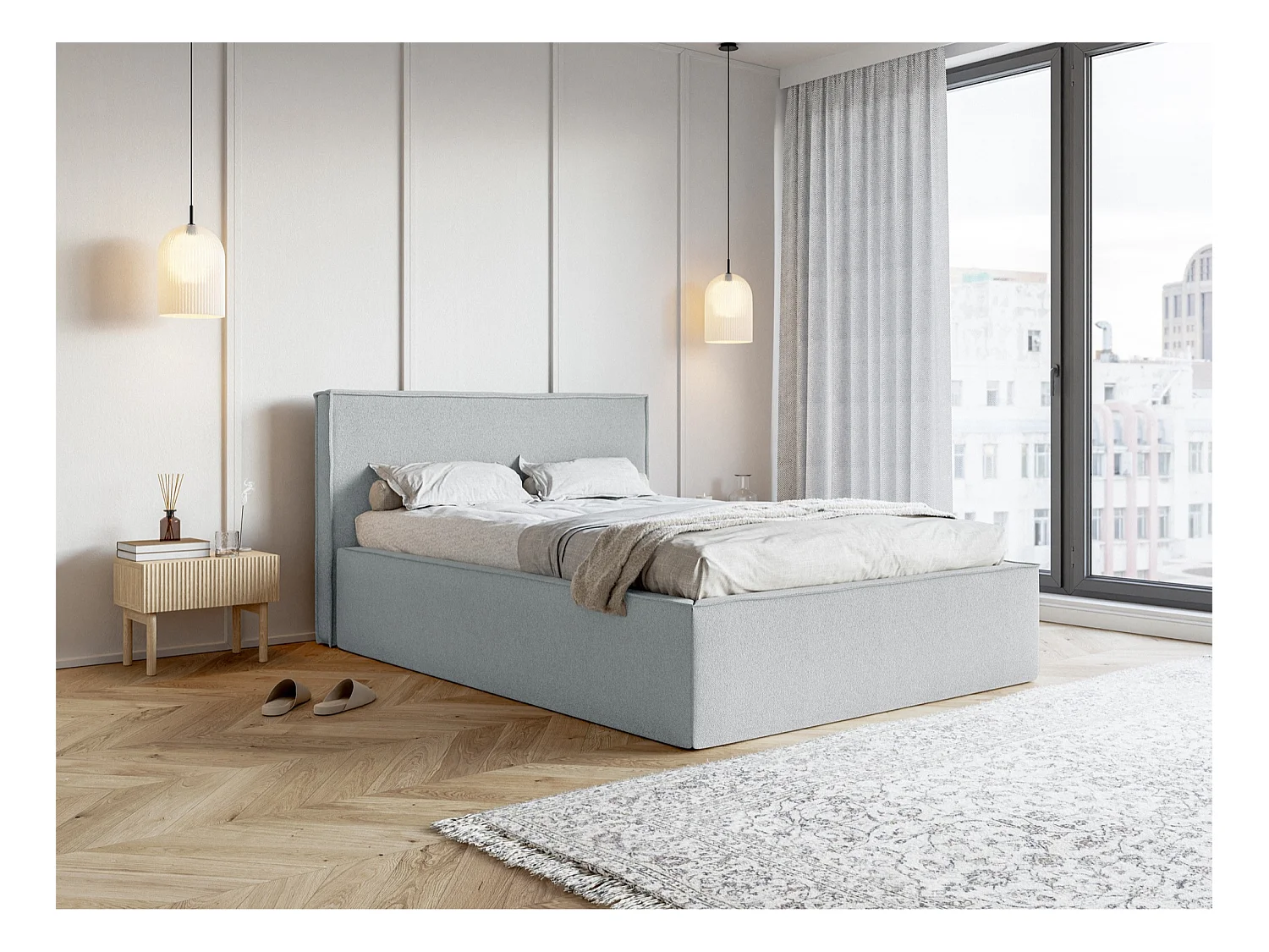 Tweepersoonsbed gestoffeerd - 160x200 cm - in grijze chenillestof - LUCERA