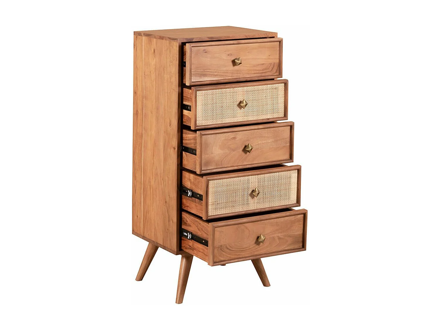 KESIAH - Chiffonnier 5 tiroirs en acacia finition teinté teck avec plaquage cannage