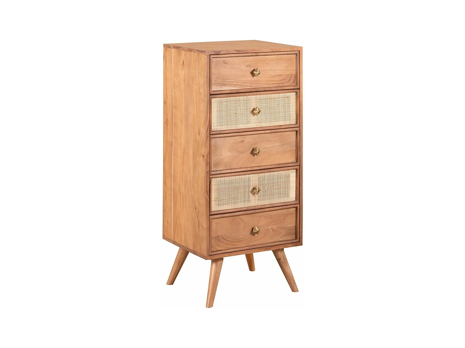 KESIAH - Chiffonnier 5 tiroirs en acacia finition teinté teck avec plaquage cannage