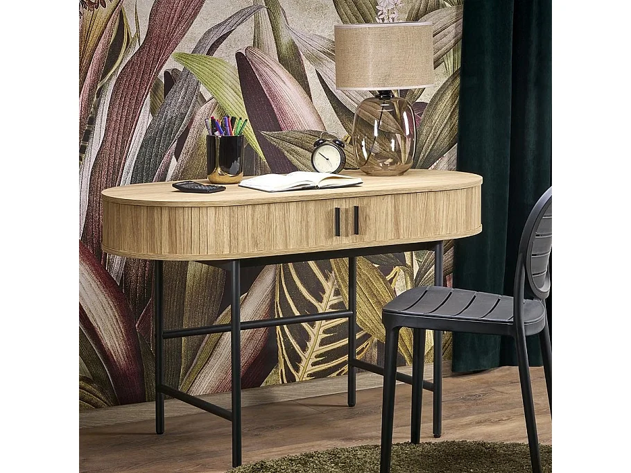 Escritorio ovalado de madera y metal con puertas correderas Davy