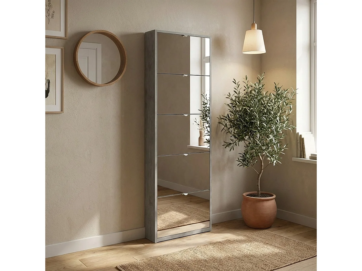 Meuble à chaussures 5 portes avec miroir design moderne pour 12 paires de chaussures Darcy - Gris