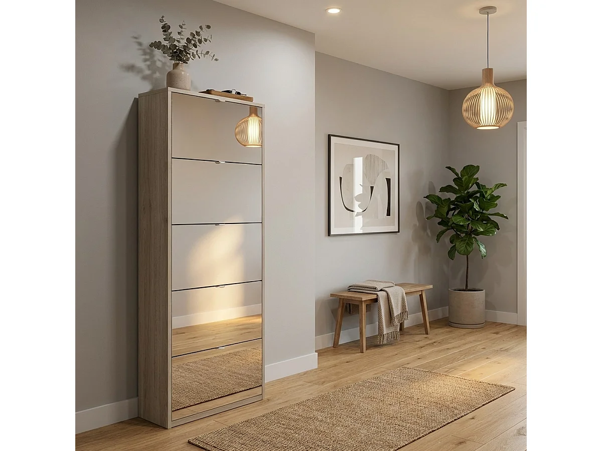 Roy Schuhschrank mit Spiegel und 5 Fächern, Platz für 25 Paar Schuhe, modernes Design - Ulme