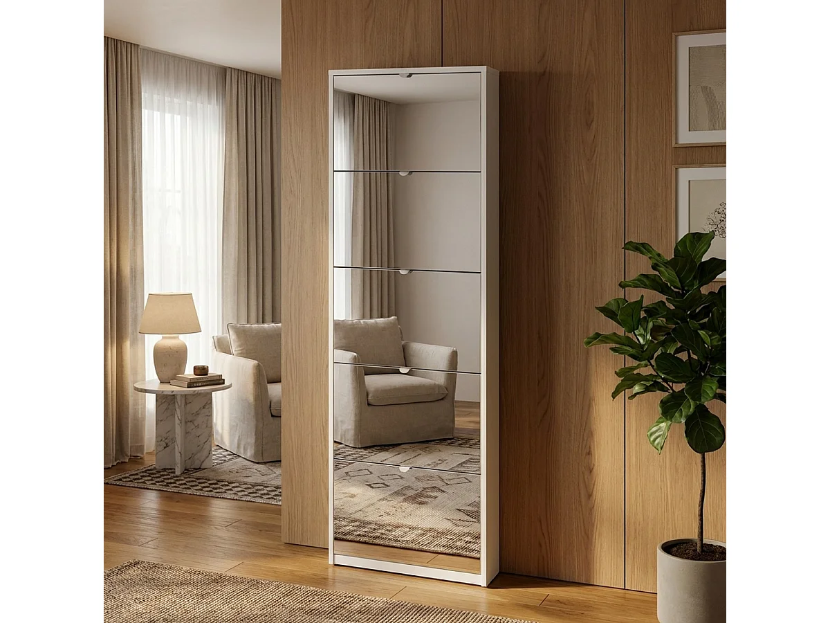 Meuble à chaussures 5 portes avec miroir design moderne pour 12 paires de chaussures Darcy - Blanc Shabby