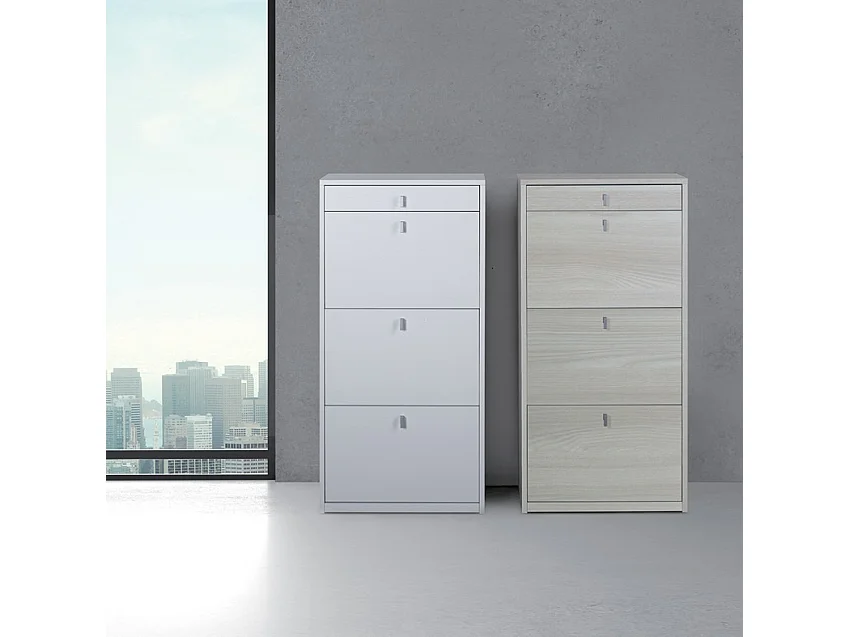 Zapatero de entrada de 3 puertas con cajón para 15 pares de zapatos Naky - Blanco Shabby