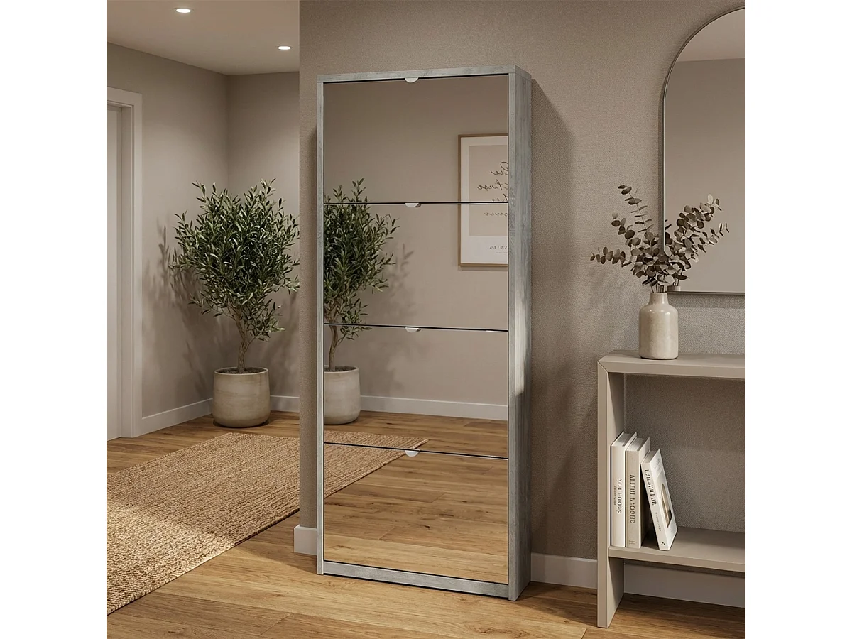 Armoire à chaussures design moderne 4 portes avec miroir 10 paires de chaussures Glenn - Gris